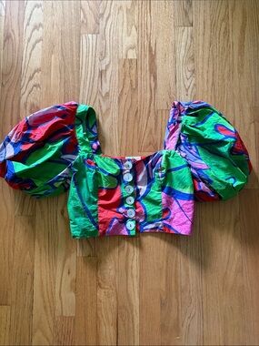 Bold Multicolor Puff-Sleeve Crop Top - Green/Pink/Red